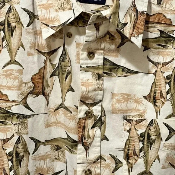 Puritan Mens Brown Marlin Fish Hawaiian Button Down Shirt Small Short Sleeve - Picture 5 of 9